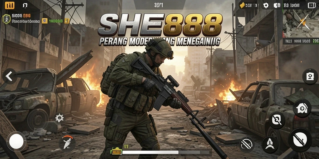 Screenshot SHE888 menunjukkan aksi tembak-menembak yang intens di medan perang.